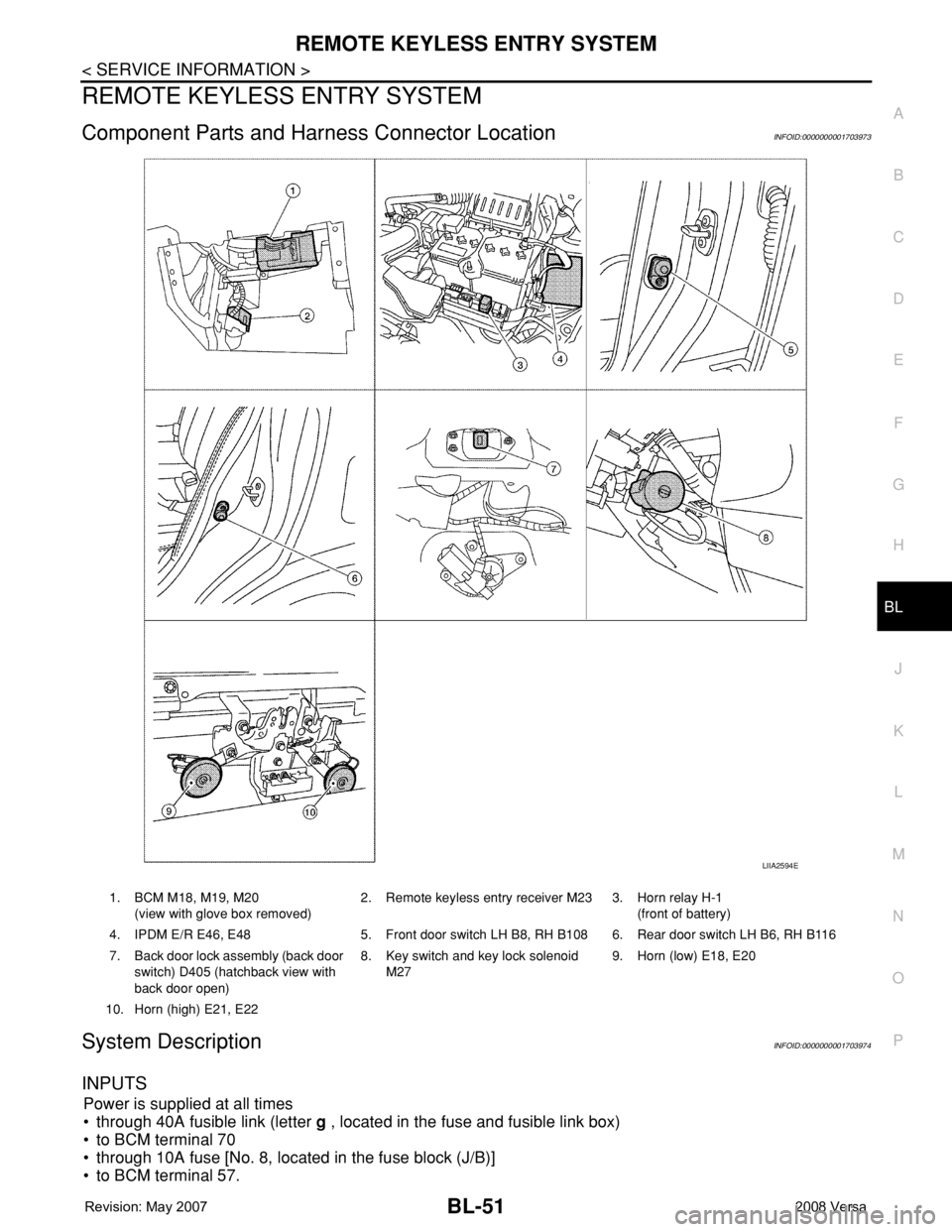 NISSAN LATIO 2008  Service Repair Manual REMOTE KEYLESS ENTRY SYSTEM
BL-51
< SERVICE INFORMATION >
C
D
E
F
G
H
J
K
L
MA
B
BL
N
O
P
REMOTE KEYLESS ENTRY SYSTEM
Component Parts and Harness Connector LocationINFOID:0000000001703973
System Descr