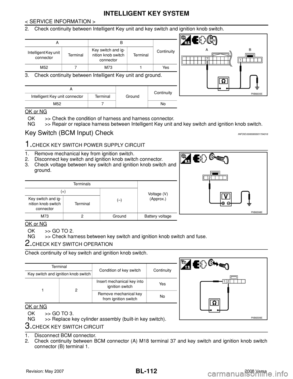 NISSAN LATIO 2008 Service Repair Manual BL-112
< SERVICE INFORMATION >
INTELLIGENT KEY SYSTEM
2. Check continuity between Intelligent Key unit and key switch and ignition knob switch.
3. Check continuity between Intelligent Key unit and gro NISSAN LATIO 2008 Service Repair Manual BL-112
< SERVICE INFORMATION >
INTELLIGENT KEY SYSTEM
2. Check continuity between Intelligent Key unit and key switch and ignition knob switch.
3. Check continuity between Intelligent Key unit and gro