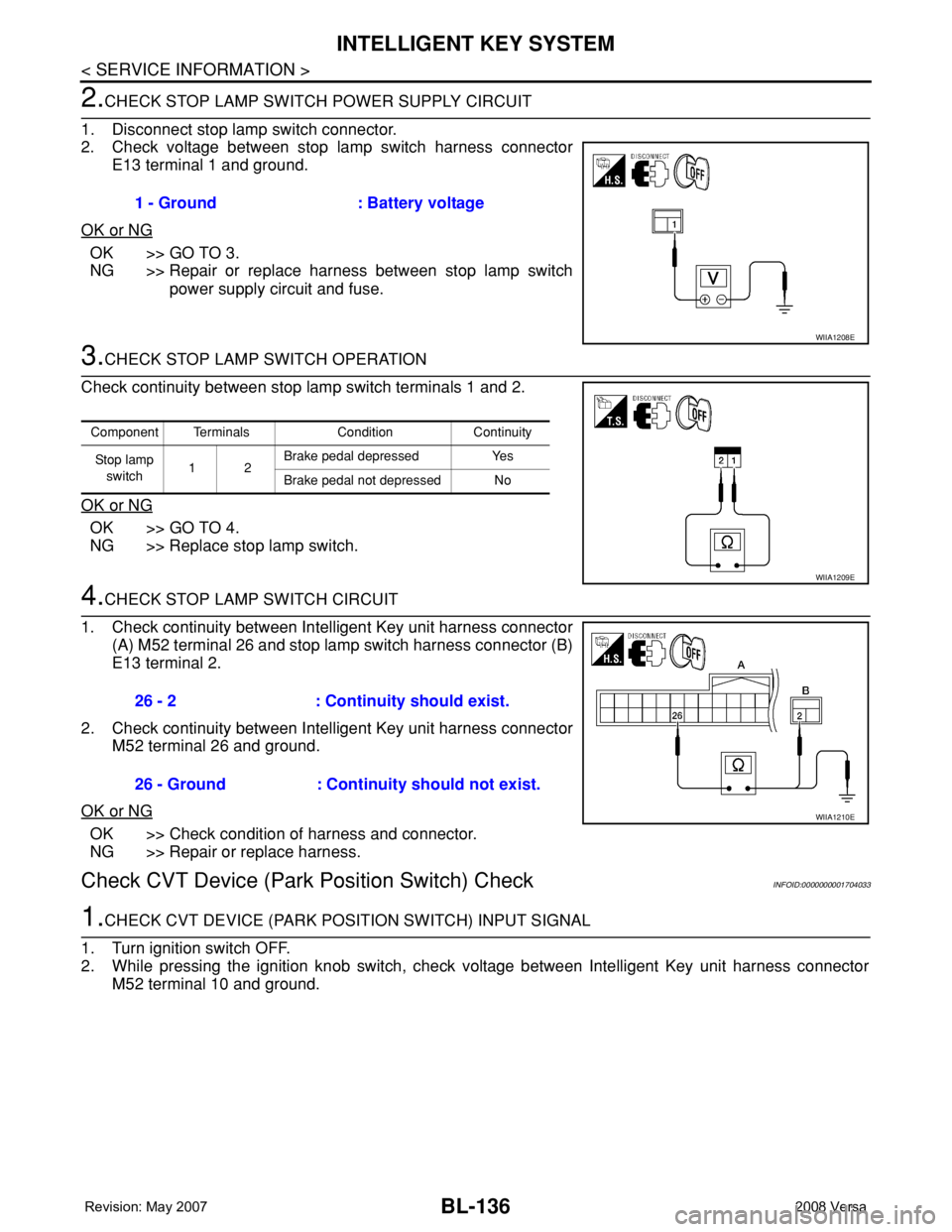 NISSAN LATIO 2008 Service Repair Manual BL-136
< SERVICE INFORMATION >
INTELLIGENT KEY SYSTEM
2.CHECK STOP LAMP SWITCH POWER SUPPLY CIRCUIT
1. Disconnect stop lamp switch connector.
2. Check voltage between stop lamp switch harness connecto NISSAN LATIO 2008 Service Repair Manual BL-136
< SERVICE INFORMATION >
INTELLIGENT KEY SYSTEM
2.CHECK STOP LAMP SWITCH POWER SUPPLY CIRCUIT
1. Disconnect stop lamp switch connector.
2. Check voltage between stop lamp switch harness connecto