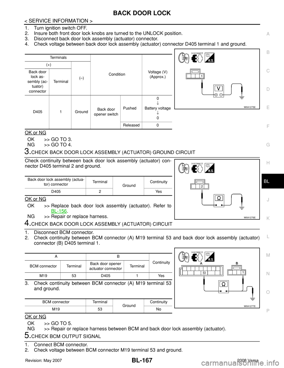 NISSAN LATIO 2008 Service Repair Manual BACK DOOR LOCK
BL-167
< SERVICE INFORMATION >
C
D
E
F
G
H
J
K
L
MA
B
BL
N
O
P
1. Turn ignition switch OFF.
2. Insure both front door lock knobs are turned to the UNLOCK position.
3. Disconnect back do NISSAN LATIO 2008 Service Repair Manual BACK DOOR LOCK
BL-167
< SERVICE INFORMATION >
C
D
E
F
G
H
J
K
L
MA
B
BL
N
O
P
1. Turn ignition switch OFF.
2. Insure both front door lock knobs are turned to the UNLOCK position.
3. Disconnect back do