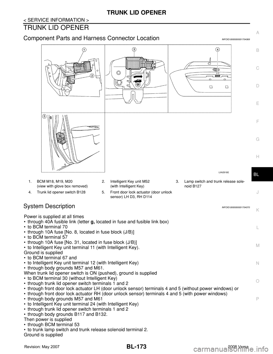 NISSAN LATIO 2008 Service Repair Manual TRUNK LID OPENER
BL-173
< SERVICE INFORMATION >
C
D
E
F
G
H
J
K
L
MA
B
BL
N
O
P
TRUNK LID OPENER
Component Parts and Harness Connector LocationINFOID:0000000001704069
System DescriptionINFOID:00000000 NISSAN LATIO 2008 Service Repair Manual TRUNK LID OPENER
BL-173
< SERVICE INFORMATION >
C
D
E
F
G
H
J
K
L
MA
B
BL
N
O
P
TRUNK LID OPENER
Component Parts and Harness Connector LocationINFOID:0000000001704069
System DescriptionINFOID:00000000