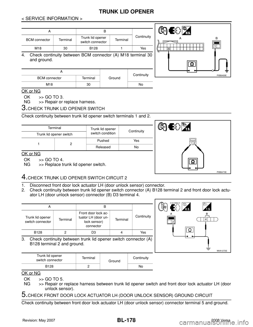 NISSAN LATIO 2008 Service Repair Manual BL-178
< SERVICE INFORMATION >
TRUNK LID OPENER
4. Check continuity between BCM connector (A) M18 terminal 30
and ground.
OK or NG
OK >> GO TO 3.
NG >> Repair or replace harness.
3.CHECK TRUNK LID OPE NISSAN LATIO 2008 Service Repair Manual BL-178
< SERVICE INFORMATION >
TRUNK LID OPENER
4. Check continuity between BCM connector (A) M18 terminal 30
and ground.
OK or NG
OK >> GO TO 3.
NG >> Repair or replace harness.
3.CHECK TRUNK LID OPE