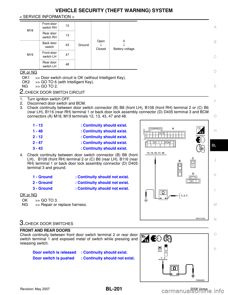 NISSAN LATIO 2008 Service Repair Manual VEHICLE SECURITY (THEFT WARNING) SYSTEM
BL-201
< SERVICE INFORMATION >
C
D
E
F
G
H
J
K
L
MA
B
BL
N
O
P
OK or NG
OK1 >> Door switch circuit is OK (without Intelligent Key).
OK2 >> GO TO 6 (with Intelli NISSAN LATIO 2008 Service Repair Manual VEHICLE SECURITY (THEFT WARNING) SYSTEM
BL-201
< SERVICE INFORMATION >
C
D
E
F
G
H
J
K
L
MA
B
BL
N
O
P
OK or NG
OK1 >> Door switch circuit is OK (without Intelligent Key).
OK2 >> GO TO 6 (with Intelli