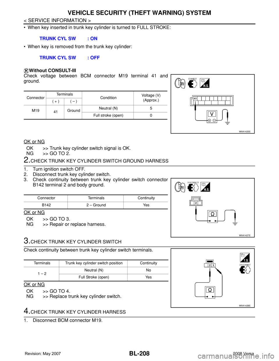 NISSAN LATIO 2008 Service Repair Manual BL-208
< SERVICE INFORMATION >
VEHICLE SECURITY (THEFT WARNING) SYSTEM
• When key inserted in trunk key cylinder is turned to FULL STROKE:
• When key is removed from the trunk key cylinder:
Withou NISSAN LATIO 2008 Service Repair Manual BL-208
< SERVICE INFORMATION >
VEHICLE SECURITY (THEFT WARNING) SYSTEM
• When key inserted in trunk key cylinder is turned to FULL STROKE:
• When key is removed from the trunk key cylinder:
Withou