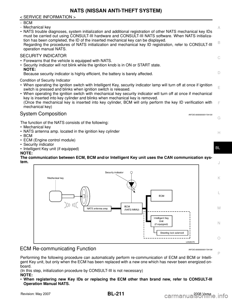 NISSAN LATIO 2008 Service Repair Manual NATS (NISSAN ANTI-THEFT SYSTEM)
BL-211
< SERVICE INFORMATION >
C
D
E
F
G
H
J
K
L
MA
B
BL
N
O
P
-BCM
- Mechanical key
• NATS trouble diagnoses, system initialization and additional registration of ot NISSAN LATIO 2008 Service Repair Manual NATS (NISSAN ANTI-THEFT SYSTEM)
BL-211
< SERVICE INFORMATION >
C
D
E
F
G
H
J
K
L
MA
B
BL
N
O
P
-BCM
- Mechanical key
• NATS trouble diagnoses, system initialization and additional registration of ot