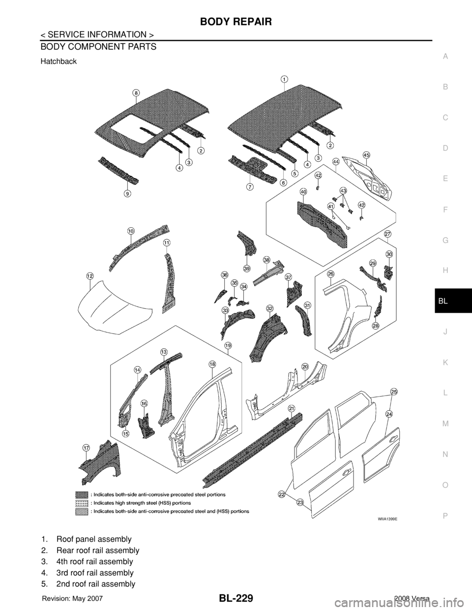 NISSAN LATIO 2008  Service Repair Manual BODY REPAIR
BL-229
< SERVICE INFORMATION >
C
D
E
F
G
H
J
K
L
MA
B
BL
N
O
P
BODY COMPONENT PARTS
Hatchback
1. Roof panel assembly
2. Rear roof rail assembly 
3. 4th roof rail assembly
4. 3rd roof rail 