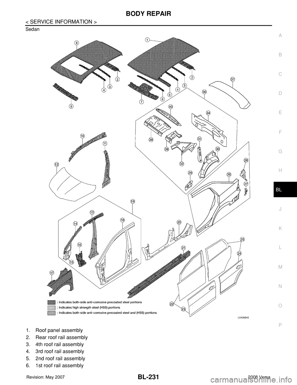 NISSAN LATIO 2008  Service Repair Manual BODY REPAIR
BL-231
< SERVICE INFORMATION >
C
D
E
F
G
H
J
K
L
MA
B
BL
N
O
P Sedan
1. Roof panel assembly
2. Rear roof rail assembly 
3. 4th roof rail assembly
4. 3rd roof rail assembly
5. 2nd roof rail