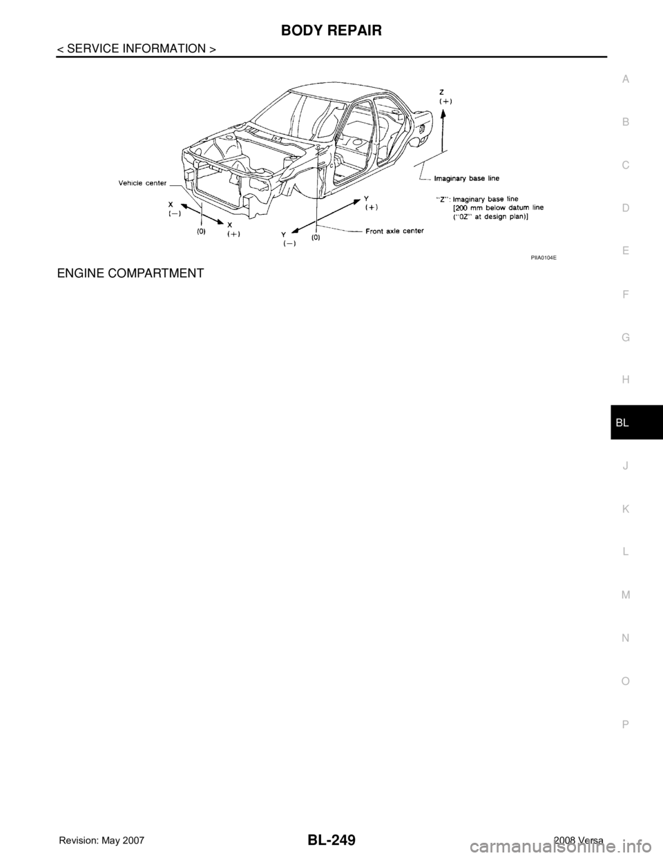 NISSAN LATIO 2008  Service Repair Manual BODY REPAIR
BL-249
< SERVICE INFORMATION >
C
D
E
F
G
H
J
K
L
MA
B
BL
N
O
P
ENGINE COMPARTMENT
PIIA0104E 