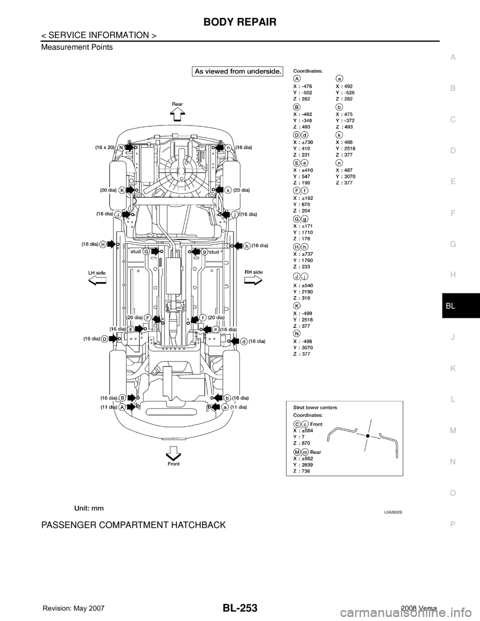 NISSAN LATIO 2008  Service Repair Manual BODY REPAIR
BL-253
< SERVICE INFORMATION >
C
D
E
F
G
H
J
K
L
MA
B
BL
N
O
P Measurement Points
PASSENGER COMPARTMENT HATCHBACK
LIIA2602E 