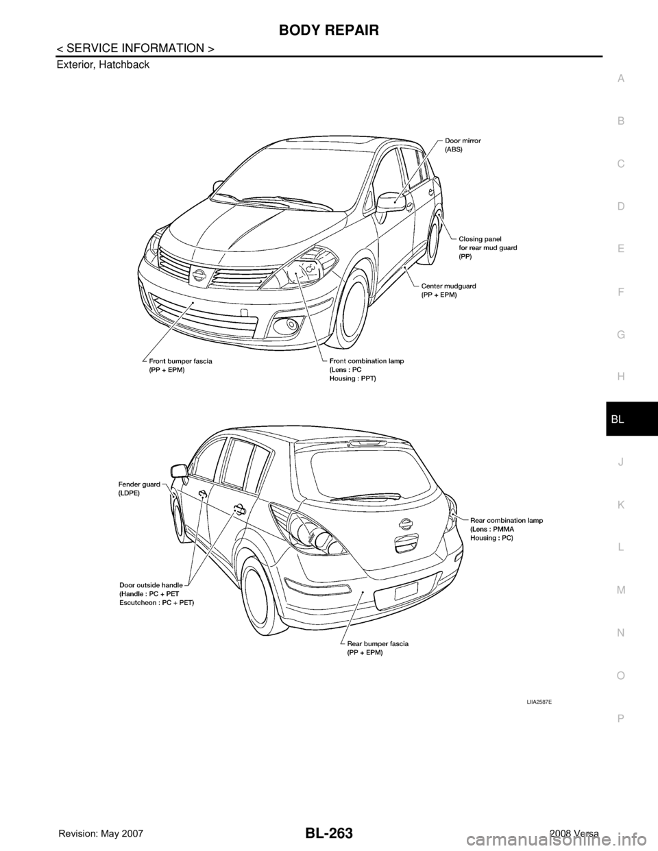 NISSAN LATIO 2008  Service Repair Manual BODY REPAIR
BL-263
< SERVICE INFORMATION >
C
D
E
F
G
H
J
K
L
MA
B
BL
N
O
P Exterior, Hatchback
LIIA2587E 