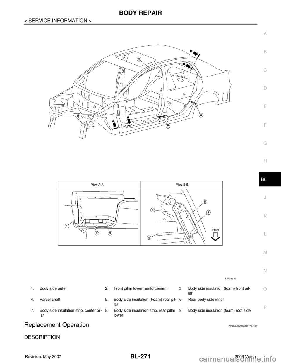 NISSAN LATIO 2008  Service Repair Manual BODY REPAIR
BL-271
< SERVICE INFORMATION >
C
D
E
F
G
H
J
K
L
MA
B
BL
N
O
P
Replacement OperationINFOID:0000000001704127
DESCRIPTION
1. Body side outer 2. Front pillar lower reinforcement 3. Body side 