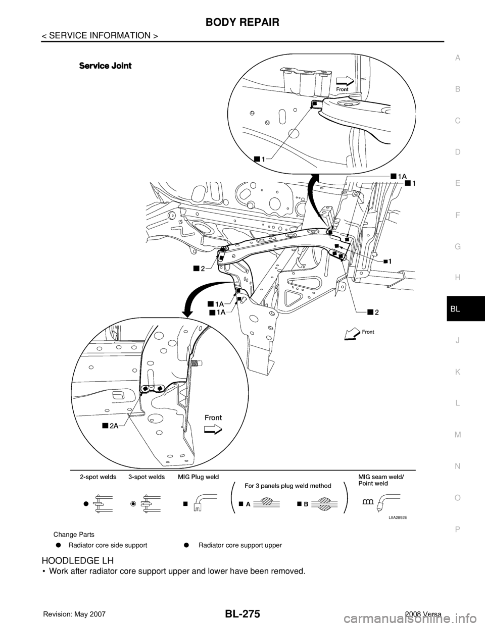 NISSAN LATIO 2008  Service Repair Manual BODY REPAIR
BL-275
< SERVICE INFORMATION >
C
D
E
F
G
H
J
K
L
MA
B
BL
N
O
P
HOODLEDGE LH
• Work after radiator core support upper and lower have been removed.
Change Parts
●Radiator core side suppo