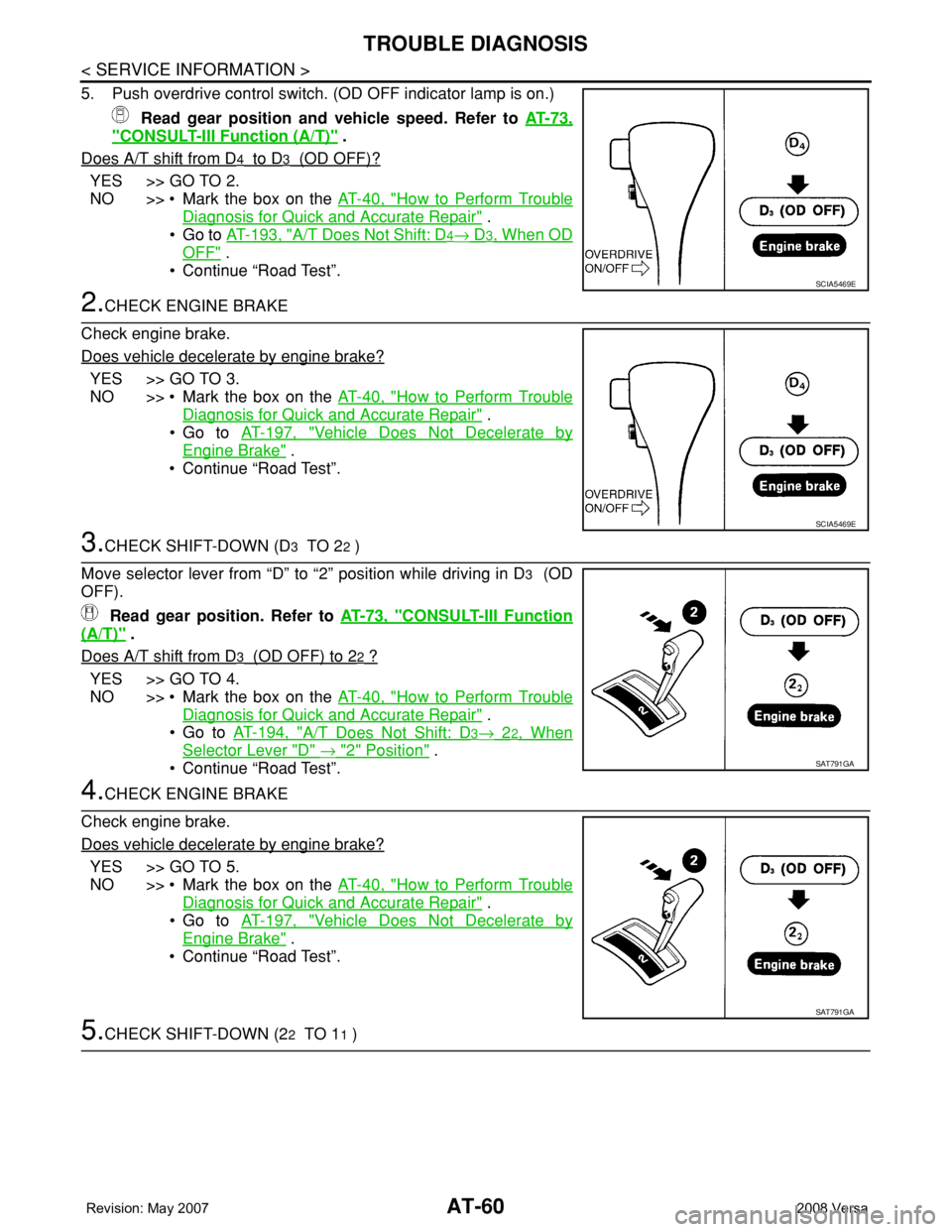 NISSAN LATIO 2008 Service Repair Manual AT-60
< SERVICE INFORMATION >
TROUBLE DIAGNOSIS
5. Push overdrive control switch. (OD OFF indicator lamp is on.)
Read gear position and vehicle speed. Refer to AT-73,
"CONSULT-III Function (A/T)& NISSAN LATIO 2008 Service Repair Manual AT-60
< SERVICE INFORMATION >
TROUBLE DIAGNOSIS
5. Push overdrive control switch. (OD OFF indicator lamp is on.)
Read gear position and vehicle speed. Refer to AT-73,
"CONSULT-III Function (A/T)&