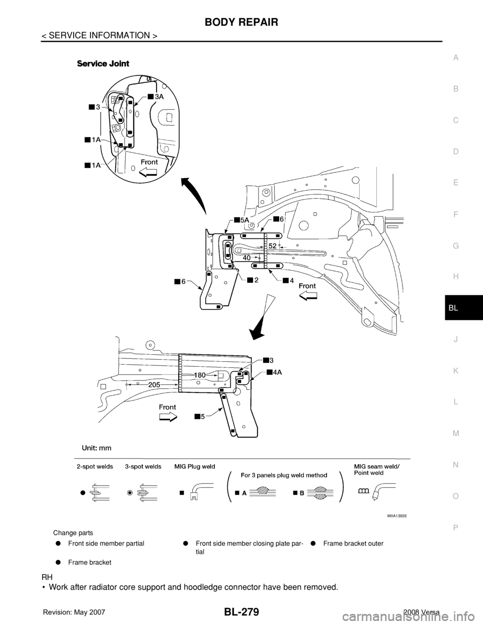 NISSAN LATIO 2008  Service Repair Manual BODY REPAIR
BL-279
< SERVICE INFORMATION >
C
D
E
F
G
H
J
K
L
MA
B
BL
N
O
P
RH
• Work after radiator core support and hoodledge connector have been removed.
Change parts
●Front side member partial