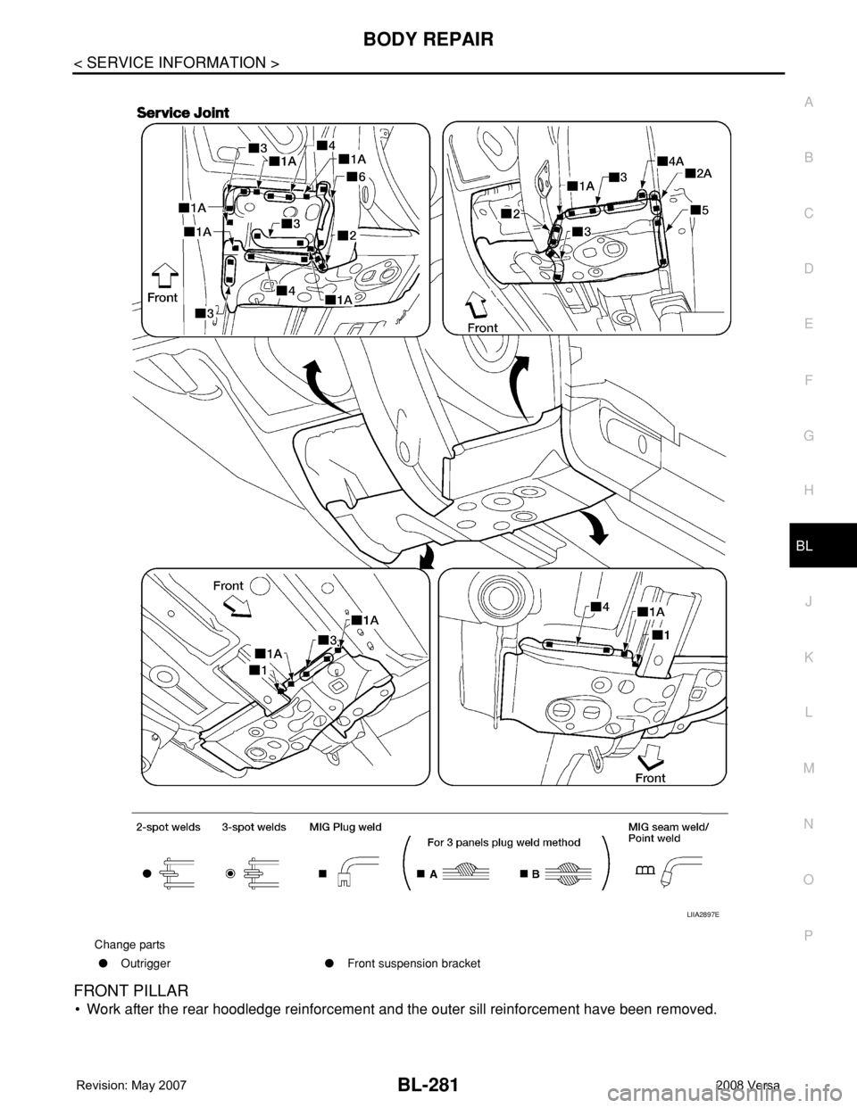 NISSAN LATIO 2008  Service Repair Manual BODY REPAIR
BL-281
< SERVICE INFORMATION >
C
D
E
F
G
H
J
K
L
MA
B
BL
N
O
P
FRONT PILLAR
• Work after the rear hoodledge reinforcement and the outer sill reinforcement have been removed.
Change parts