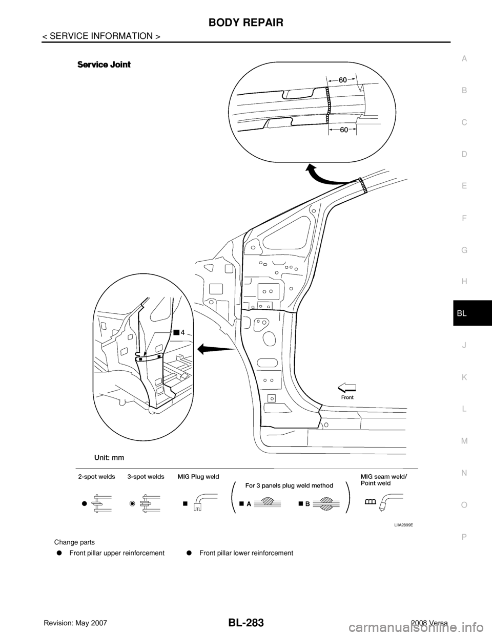 NISSAN LATIO 2008  Service Repair Manual BODY REPAIR
BL-283
< SERVICE INFORMATION >
C
D
E
F
G
H
J
K
L
MA
B
BL
N
O
P
Change parts
●Front pillar upper reinforcement●Front pillar lower reinforcement
LIIA2899E 