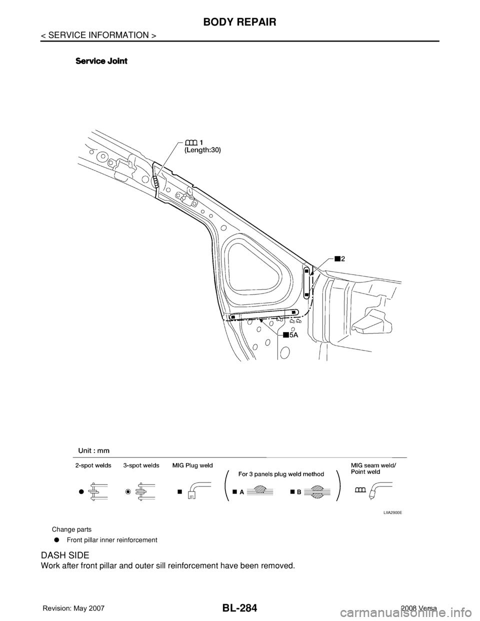 NISSAN LATIO 2008  Service Repair Manual BL-284
< SERVICE INFORMATION >
BODY REPAIR
DASH SIDE
Work after front pillar and outer sill reinforcement have been removed.
Change parts
●Front pillar inner reinforcement
LIIA2900E 