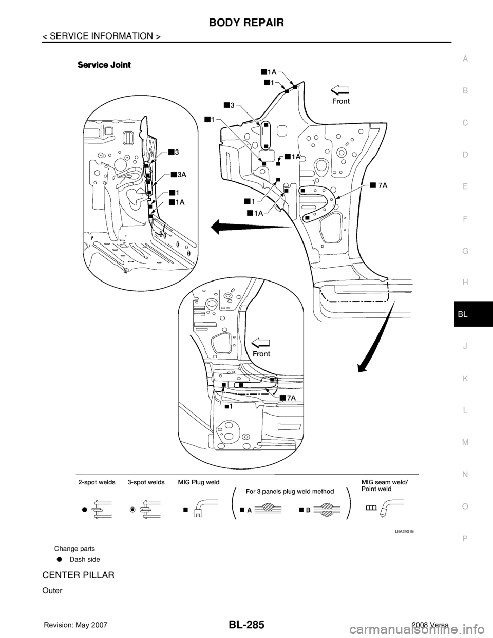 NISSAN LATIO 2008  Service Repair Manual BODY REPAIR
BL-285
< SERVICE INFORMATION >
C
D
E
F
G
H
J
K
L
MA
B
BL
N
O
P
CENTER PILLAR
Outer
Change parts
●Dash side
LIIA2901E 