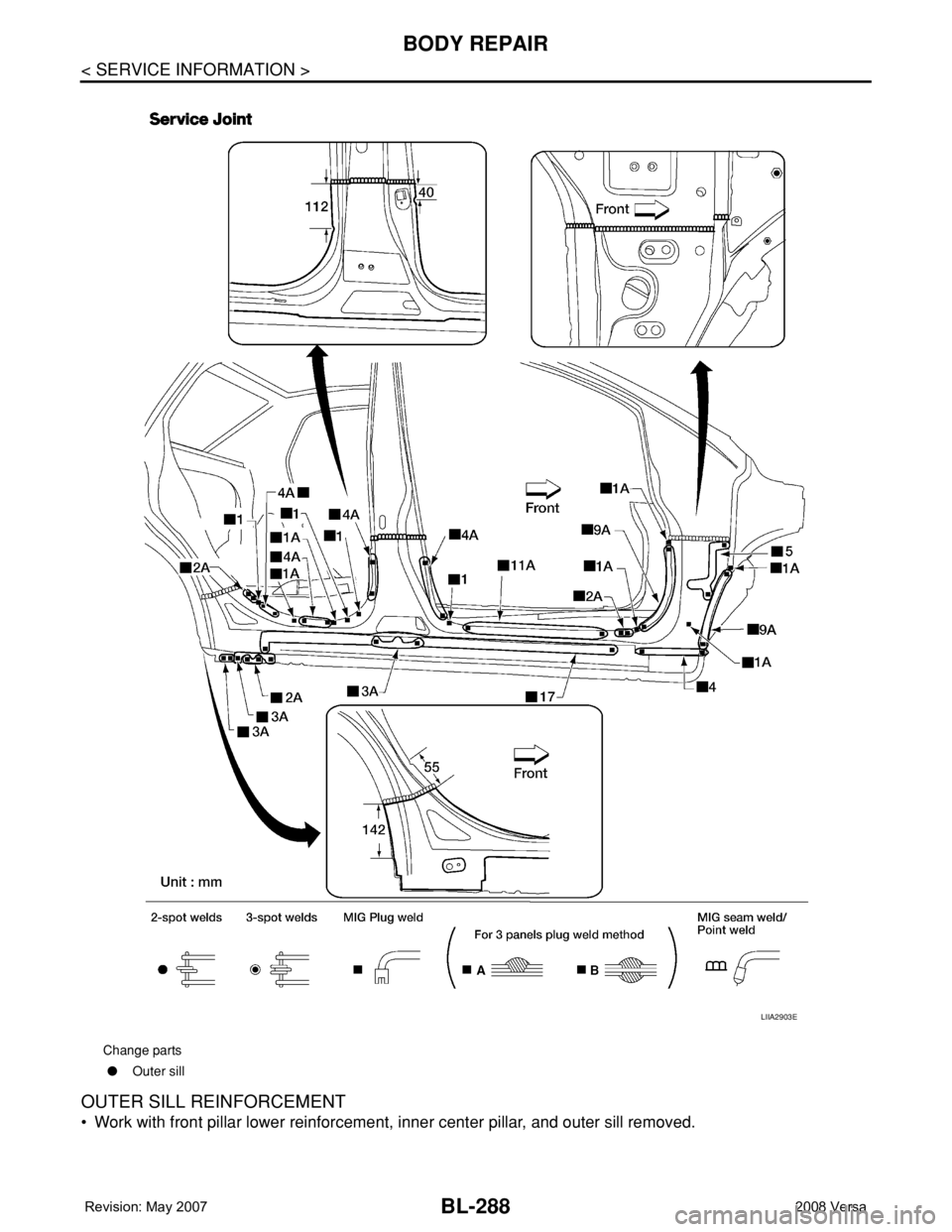 NISSAN LATIO 2008  Service Repair Manual BL-288
< SERVICE INFORMATION >
BODY REPAIR
OUTER SILL REINFORCEMENT
• Work with front pillar lower reinforcement, inner center pillar, and outer sill removed.
Change parts
●Outer sill
LIIA2903E 
