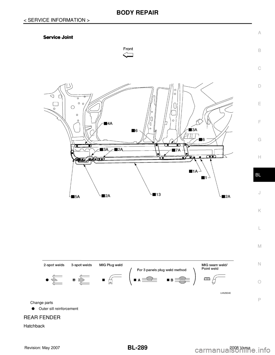 NISSAN LATIO 2008  Service Repair Manual BODY REPAIR
BL-289
< SERVICE INFORMATION >
C
D
E
F
G
H
J
K
L
MA
B
BL
N
O
P
REAR FENDER
Hatchback
Change parts
●Outer sill reinforcement
LIIA2904E 