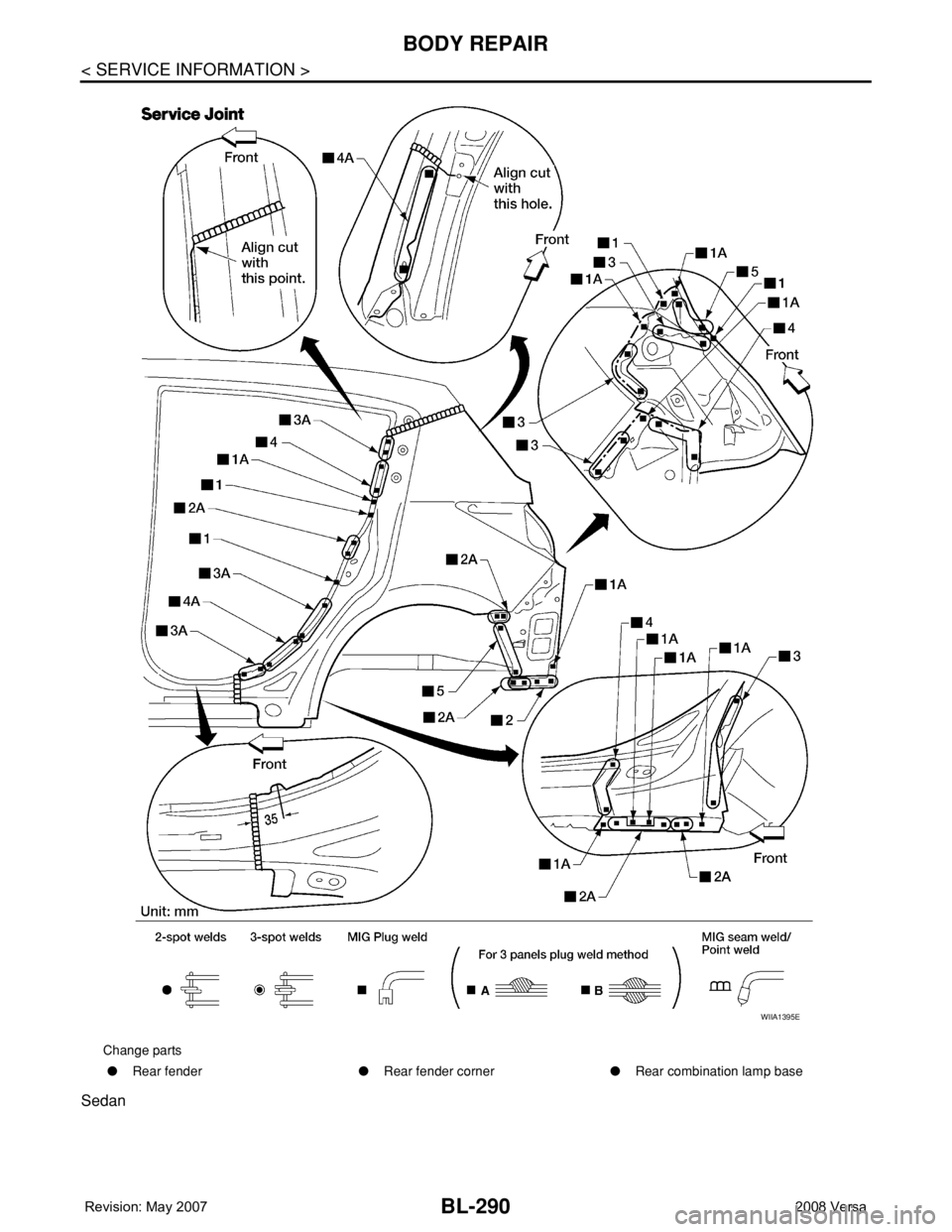 NISSAN LATIO 2008  Service Repair Manual BL-290
< SERVICE INFORMATION >
BODY REPAIR
Sedan
Change parts
●Rear fender ●Rear fender corner ●Rear combination lamp base
WIIA1395E 