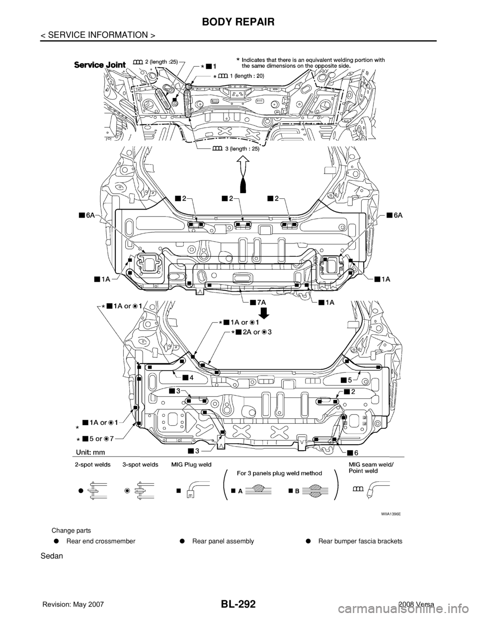 NISSAN LATIO 2008  Service Repair Manual BL-292
< SERVICE INFORMATION >
BODY REPAIR
Sedan
Change parts
●Rear end crossmember●Rear panel assembly●Rear bumper fascia brackets
WIIA1396E 