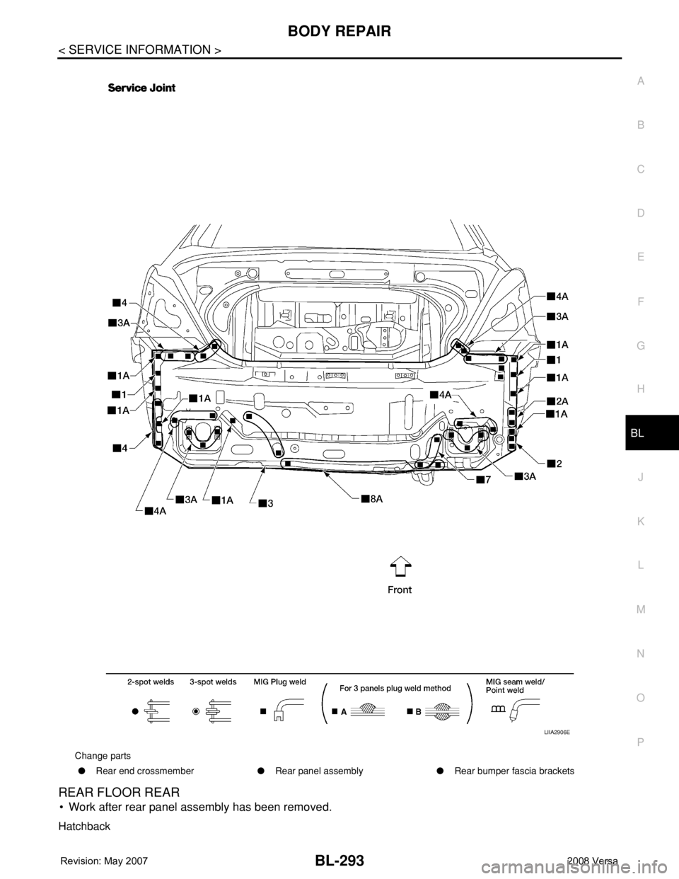 NISSAN LATIO 2008  Service Repair Manual BODY REPAIR
BL-293
< SERVICE INFORMATION >
C
D
E
F
G
H
J
K
L
MA
B
BL
N
O
P
REAR FLOOR REAR
• Work after rear panel assembly has been removed.
Hatchback
Change parts
●Rear end crossmember●Rear pa