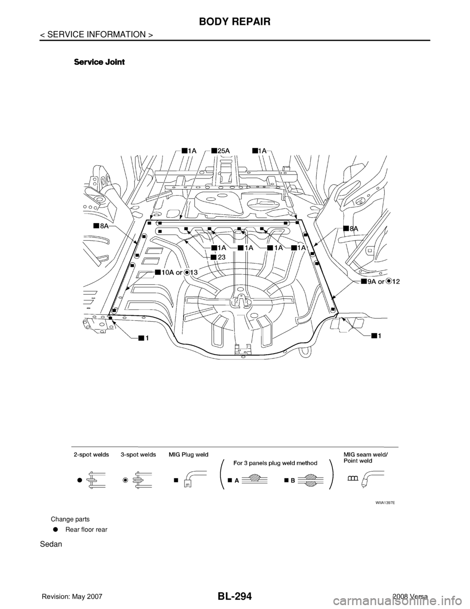 NISSAN LATIO 2008  Service Repair Manual BL-294
< SERVICE INFORMATION >
BODY REPAIR
Sedan
Change parts
●Rear floor rear
WIIA1397E 