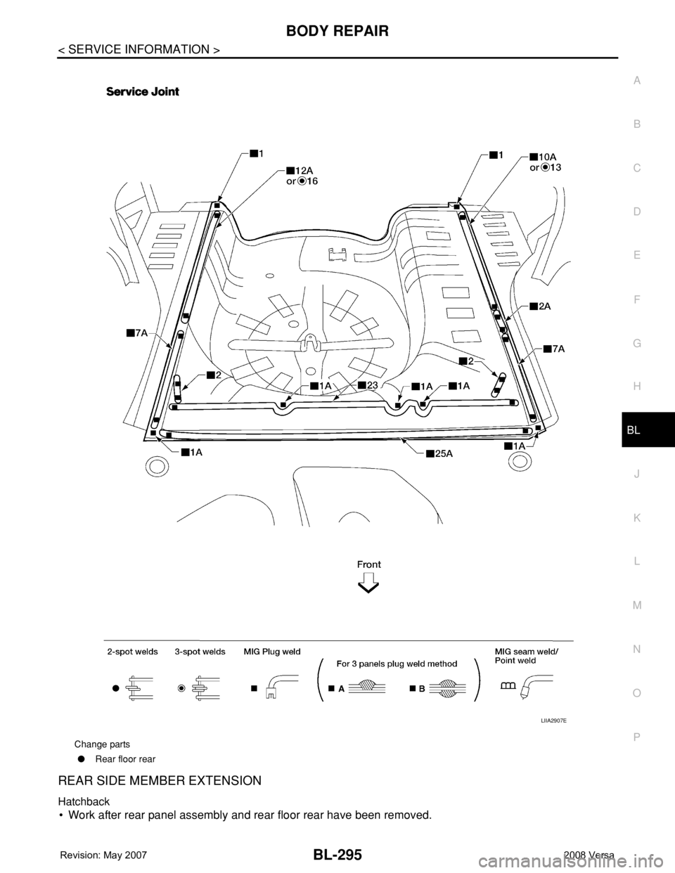 NISSAN LATIO 2008  Service Repair Manual BODY REPAIR
BL-295
< SERVICE INFORMATION >
C
D
E
F
G
H
J
K
L
MA
B
BL
N
O
P
REAR SIDE MEMBER EXTENSION
Hatchback
• Work after rear panel assembly and rear floor rear have been removed.
Change parts
