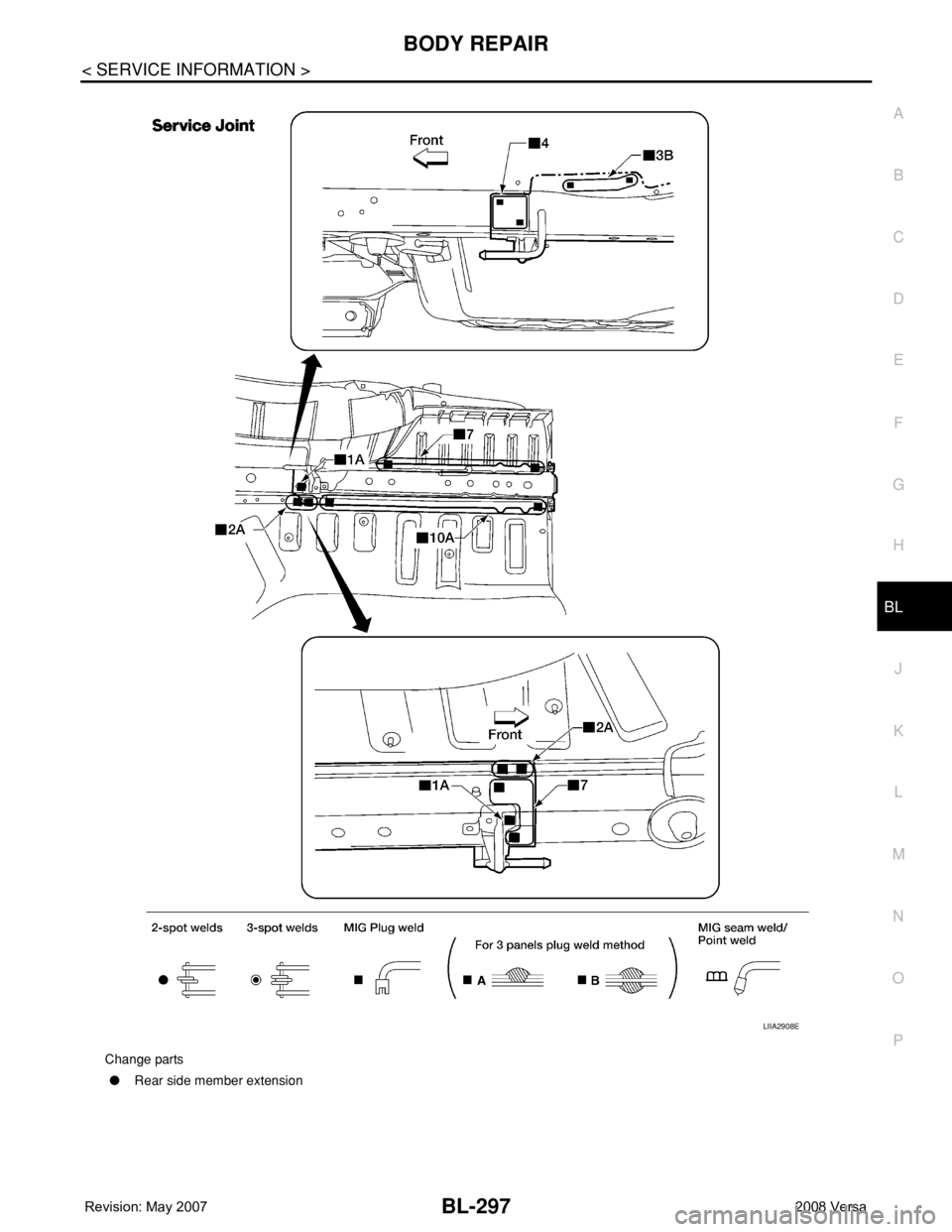 NISSAN LATIO 2008  Service Repair Manual BODY REPAIR
BL-297
< SERVICE INFORMATION >
C
D
E
F
G
H
J
K
L
MA
B
BL
N
O
P
Change parts
●Rear side member extension
LIIA2908E 