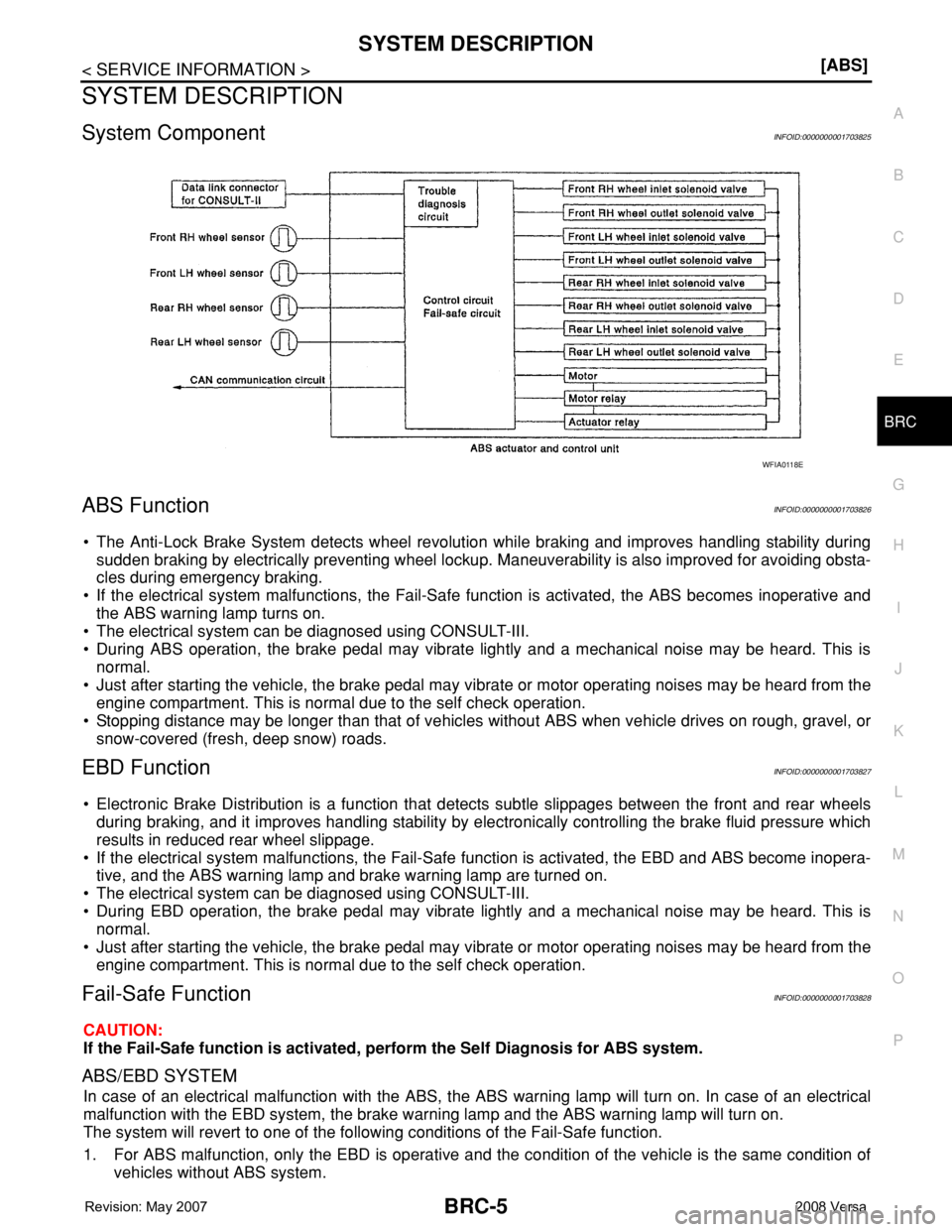 NISSAN LATIO 2008  Service Repair Manual SYSTEM DESCRIPTION
BRC-5
< SERVICE INFORMATION >[ABS]
C
D
E
G
H
I
J
K
L
MA
B
BRC
N
O
P
SYSTEM DESCRIPTION
System ComponentINFOID:0000000001703825
ABS FunctionINFOID:0000000001703826
• The Anti-Lock 