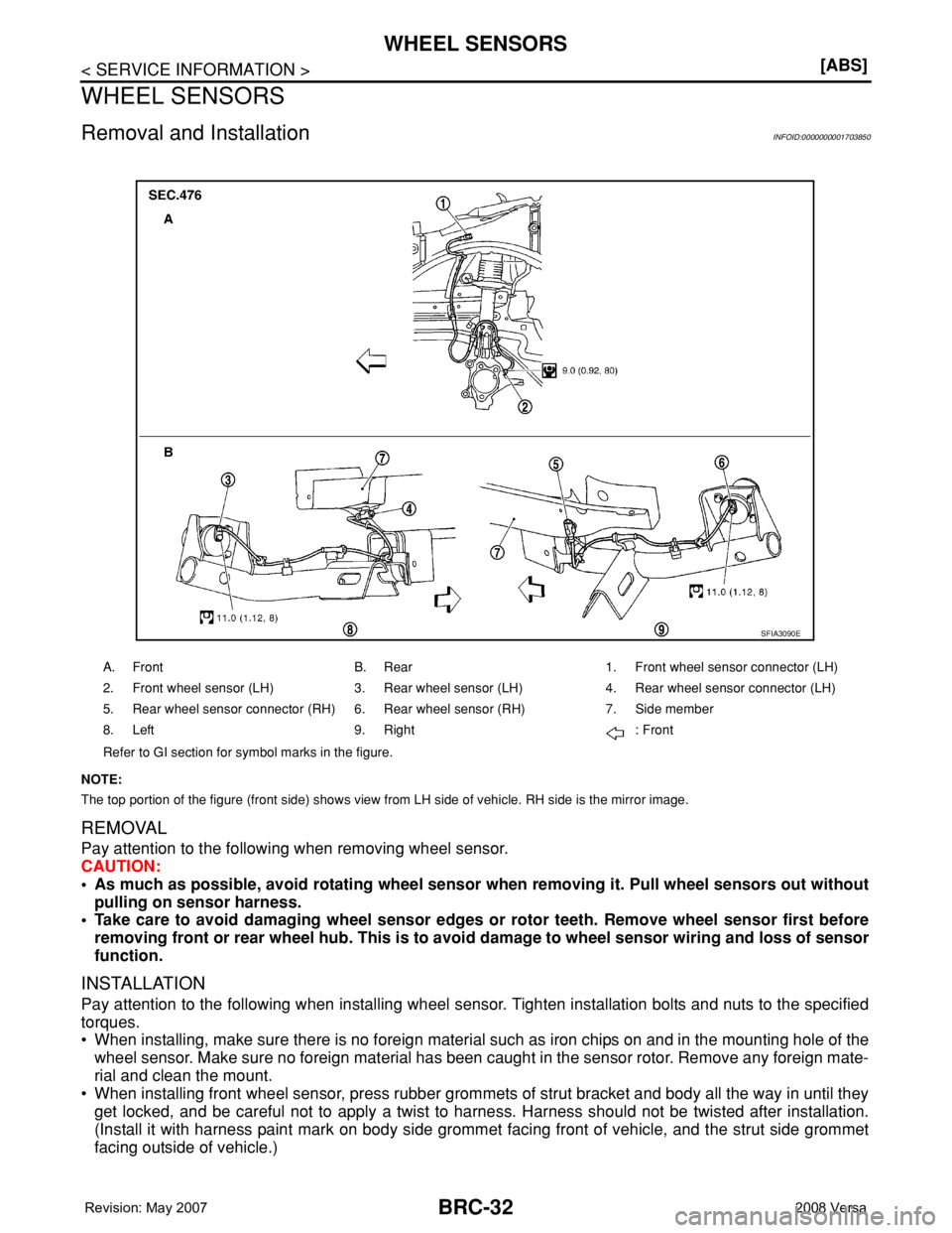 NISSAN LATIO 2008  Service Repair Manual BRC-32
< SERVICE INFORMATION >[ABS]
WHEEL SENSORS
WHEEL SENSORS
Removal and InstallationINFOID:0000000001703850
NOTE:
The top portion of the figure (front side) shows view from LH side of vehicle. RH 