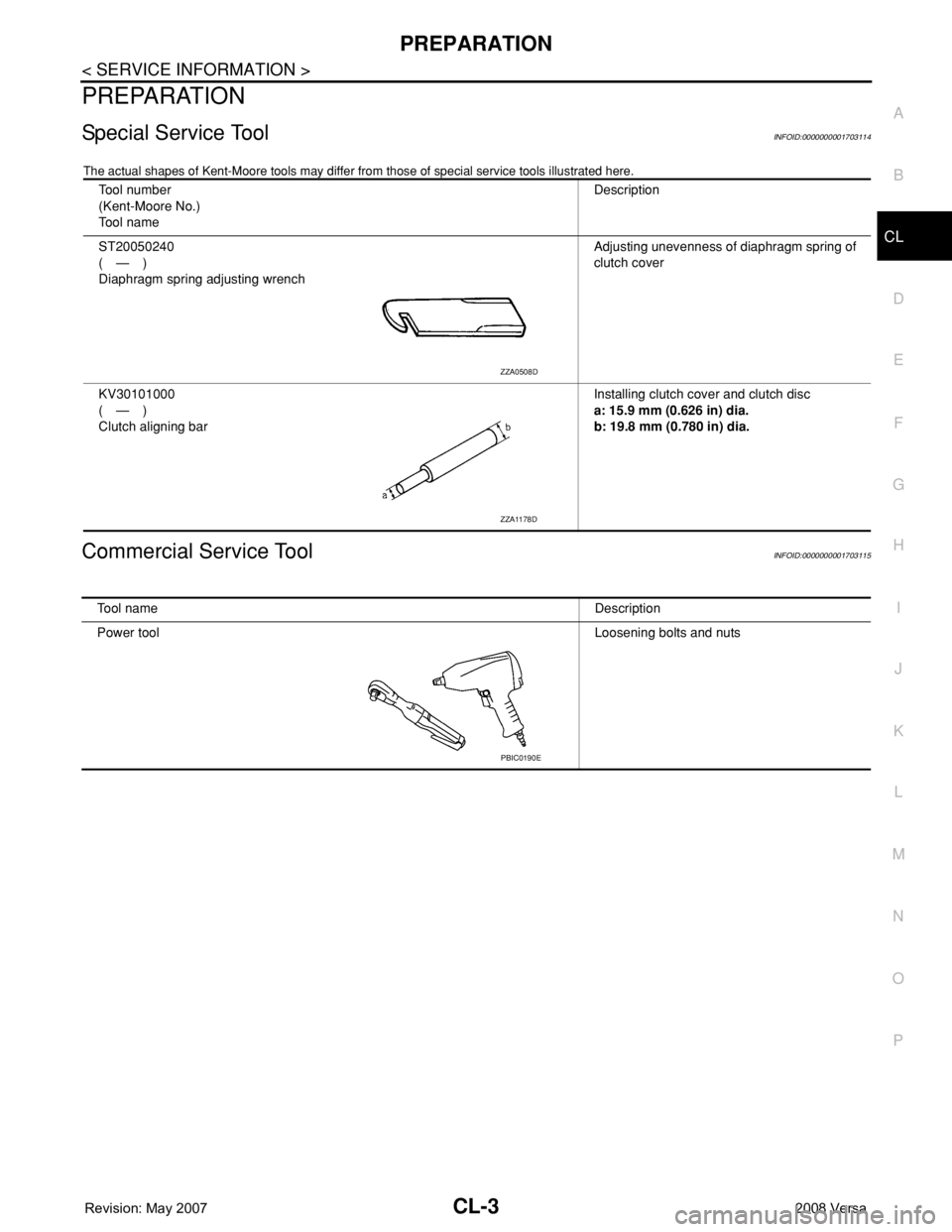 NISSAN LATIO 2008  Service Repair Manual PREPARATION
CL-3
< SERVICE INFORMATION >
D
E
F
G
H
I
J
K
L
MA
B
CL
N
O
P
PREPARATION
Special Service ToolINFOID:0000000001703114
The actual shapes of Kent-Moore tools may differ from those of special 