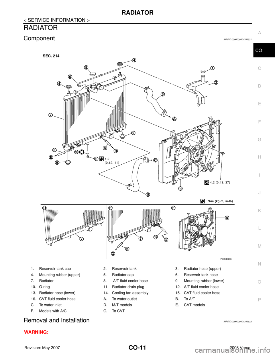 NISSAN LATIO 2008  Service Repair Manual RADIATOR
CO-11
< SERVICE INFORMATION >
C
D
E
F
G
H
I
J
K
L
MA
CO
N
P O
RADIATOR
ComponentINFOID:0000000001702531
Removal and InstallationINFOID:0000000001702532
WARNING:
1. Reservoir tank cap 2. Reser