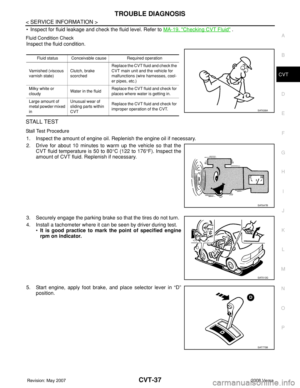 NISSAN LATIO 2008 Service Repair Manual TROUBLE DIAGNOSIS
CVT-37
< SERVICE INFORMATION >
D
E
F
G
H
I
J
K
L
MA
B
CVT
N
O
P
• Inspect for fluid leakage and check the fluid level. Refer to MA-19, "Checking CVT Fluid" .
Fluid Conditio NISSAN LATIO 2008 Service Repair Manual TROUBLE DIAGNOSIS
CVT-37
< SERVICE INFORMATION >
D
E
F
G
H
I
J
K
L
MA
B
CVT
N
O
P
• Inspect for fluid leakage and check the fluid level. Refer to MA-19, "Checking CVT Fluid" .
Fluid Conditio