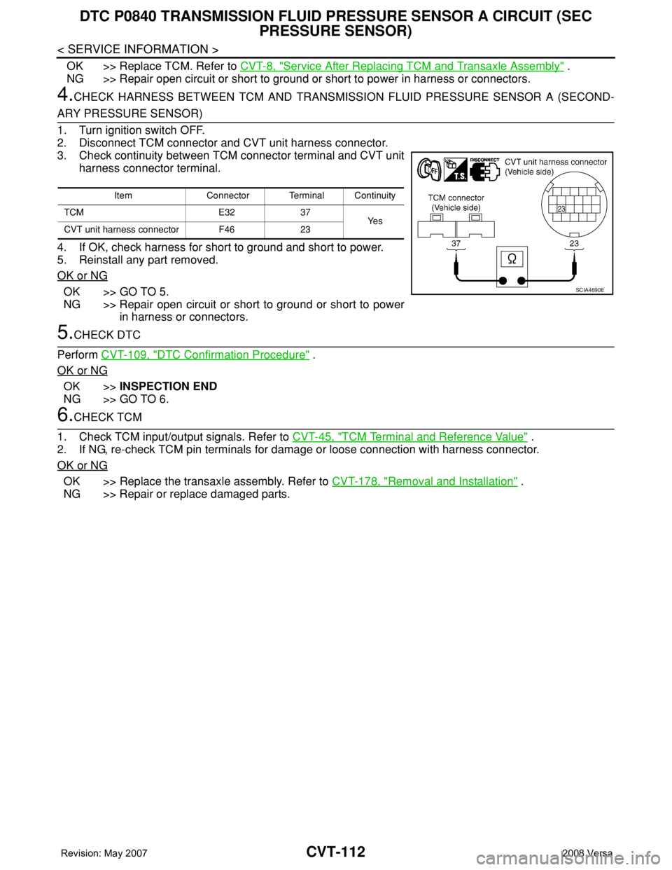 NISSAN LATIO 2008 Service Repair Manual CVT-112
< SERVICE INFORMATION >
DTC P0840 TRANSMISSION FLUID PRESSURE SENSOR A CIRCUIT (SEC
PRESSURE SENSOR)
OK >> Replace TCM. Refer to CVT-8, "Service After Replacing TCM and Transaxle Assembl NISSAN LATIO 2008 Service Repair Manual CVT-112
< SERVICE INFORMATION >
DTC P0840 TRANSMISSION FLUID PRESSURE SENSOR A CIRCUIT (SEC
PRESSURE SENSOR)
OK >> Replace TCM. Refer to CVT-8, "Service After Replacing TCM and Transaxle Assembl