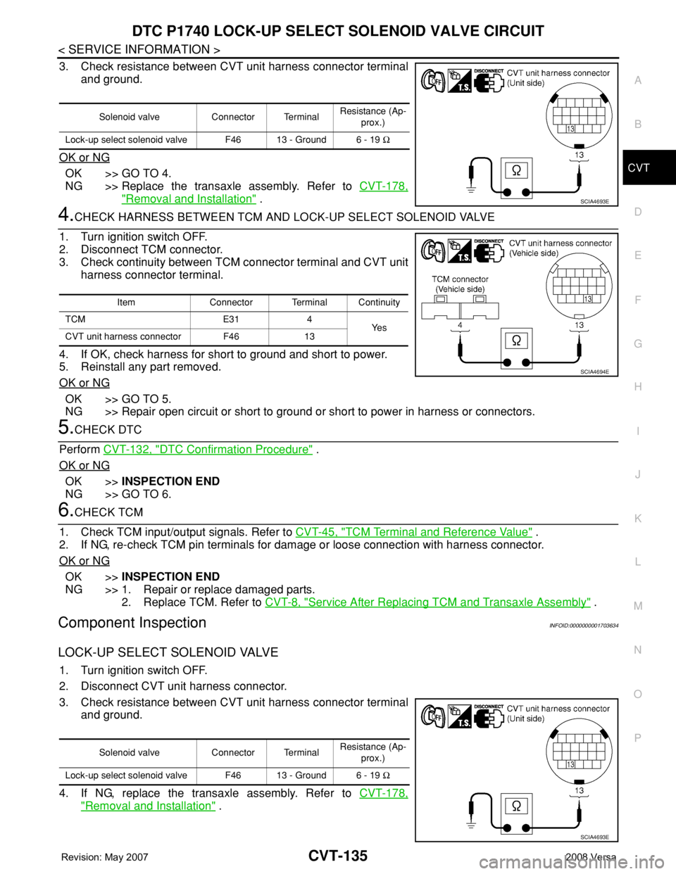 NISSAN LATIO 2008 Service Repair Manual DTC P1740 LOCK-UP SELECT SOLENOID VALVE CIRCUIT
CVT-135
< SERVICE INFORMATION >
D
E
F
G
H
I
J
K
L
MA
B
CVT
N
O
P
3. Check resistance between CVT unit harness connector terminal
and ground.
OK or NG
OK NISSAN LATIO 2008 Service Repair Manual DTC P1740 LOCK-UP SELECT SOLENOID VALVE CIRCUIT
CVT-135
< SERVICE INFORMATION >
D
E
F
G
H
I
J
K
L
MA
B
CVT
N
O
P
3. Check resistance between CVT unit harness connector terminal
and ground.
OK or NG
OK