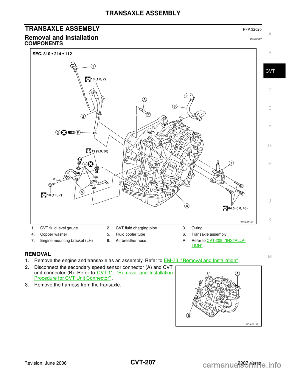 NISSAN LATIO 2007  Service Repair Manual TRANSAXLE ASSEMBLY
CVT-207
D
E
F
G
H
I
J
K
L
MA
B
CVT
Revision: June 20062007 Versa
TRANSAXLE ASSEMBLYPFP:32020
Removal and InstallationUCS0064V
COMPONENTS
REMOVAL
1. Remove the engine and transaxle a