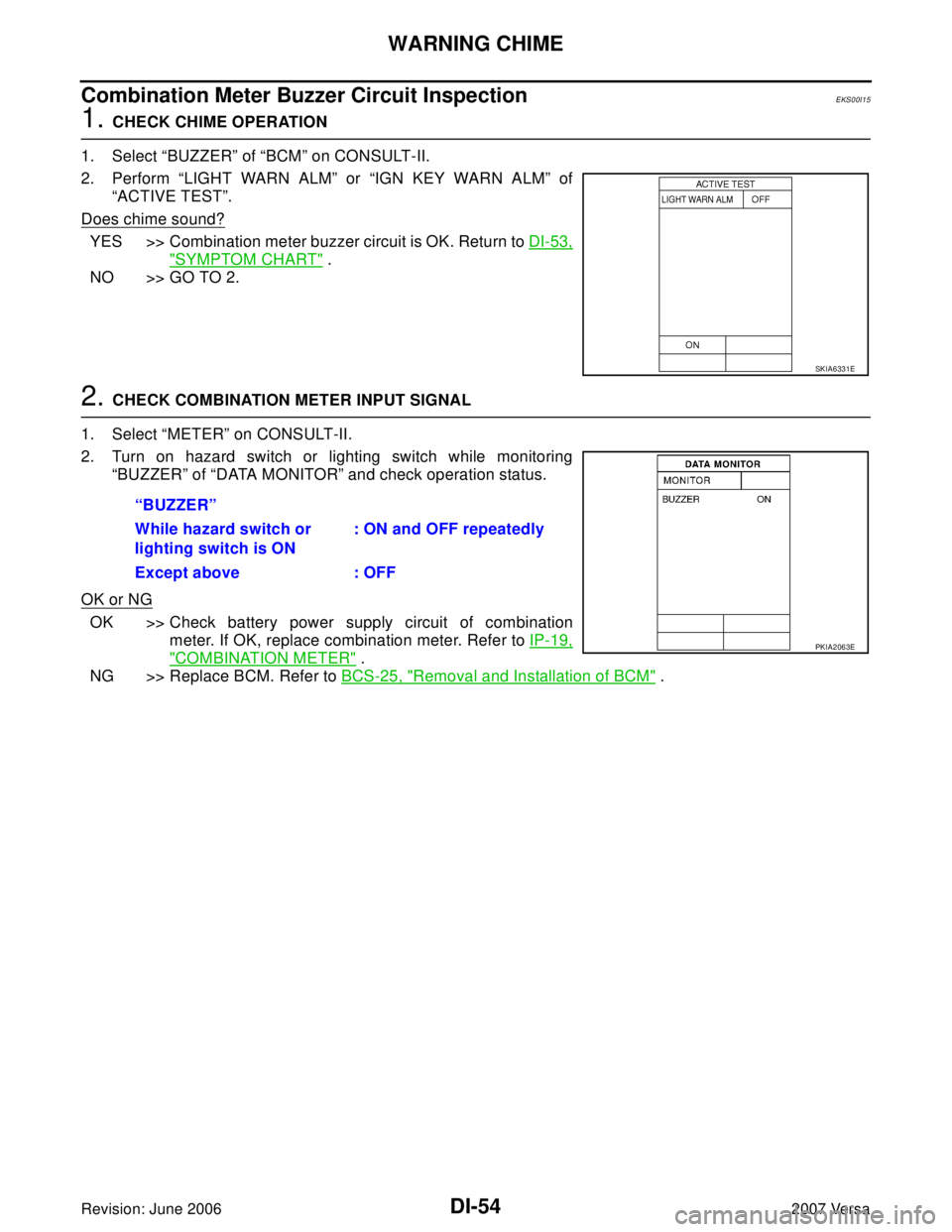 NISSAN LATIO 2007  Service Repair Manual DI-54
WARNING CHIME
Revision: June 20062007 Versa
Combination Meter Buzzer Circuit InspectionEKS00I15
1. CHECK CHIME OPERATION
1. Select “BUZZER” of “BCM” on CONSULT-II.
2. Perform “LIGHT WA