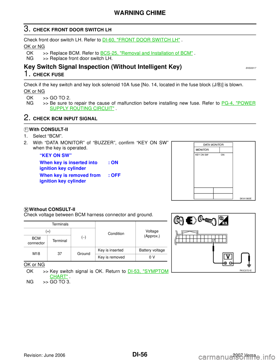 NISSAN LATIO 2007  Service Repair Manual DI-56
WARNING CHIME
Revision: June 20062007 Versa
3. CHECK FRONT DOOR SWITCH LH
Check front door switch LH. Refer to DI-60, "
FRONT DOOR SWITCH LH" .
OK or NG
OK >> Replace BCM. Refer to BCS-25, "Remo