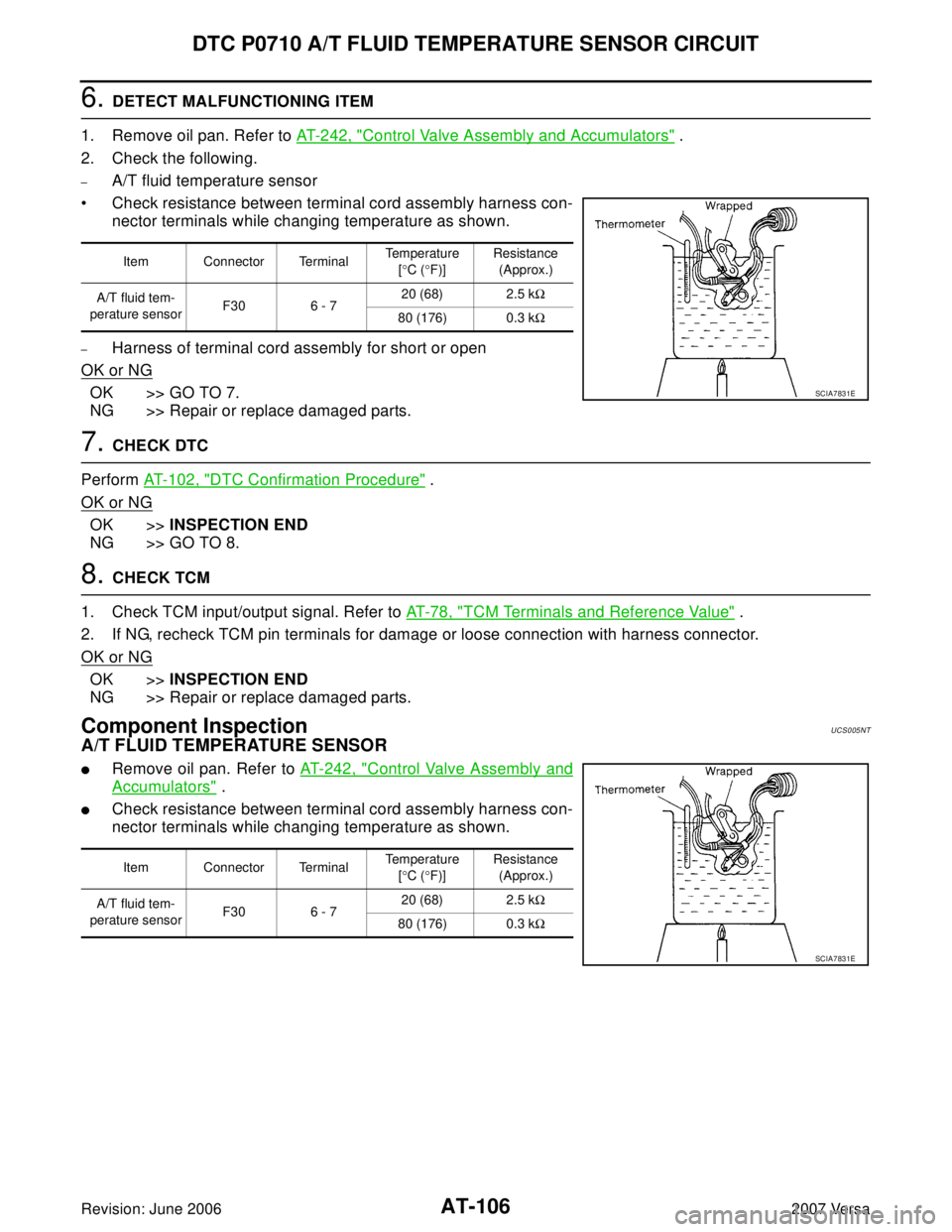 NISSAN LATIO 2007  Service Repair Manual AT-106
DTC P0710 A/T FLUID TEMPERATURE SENSOR CIRCUIT
Revision: June 20062007 Versa
6. DETECT MALFUNCTIONING ITEM
1. Remove oil pan. Refer to AT-242, "
Control Valve Assembly and Accumulators" .
2. Ch