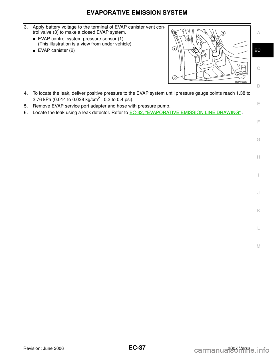 NISSAN LATIO 2007  Service Repair Manual EVAPORATIVE EMISSION SYSTEM
EC-37
C
D
E
F
G
H
I
J
K
L
MA
EC
Revision: June 20062007 Versa
3. Apply battery voltage to the terminal of EVAP canister vent con-
trol valve (3) to make a closed EVAP syste