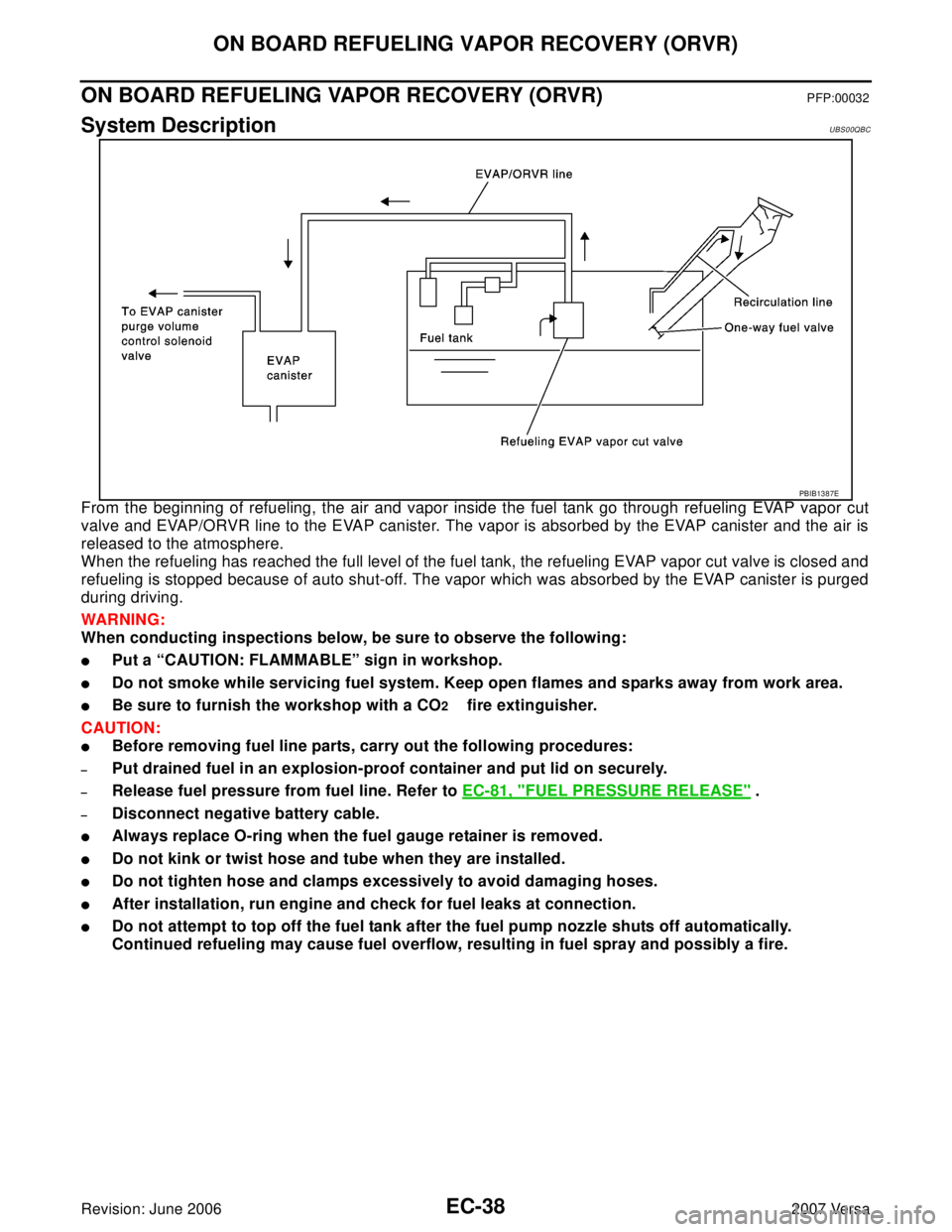 NISSAN LATIO 2007  Service Repair Manual EC-38Revision: June 2006
ON BOARD REFUELING VAPOR RECOVERY (ORVR)
2007 Versa
ON BOARD REFUELING VAPOR RECOVERY (ORVR)PFP:00032
System DescriptionUBS00QBC
From the beginning of refueling, the air and v