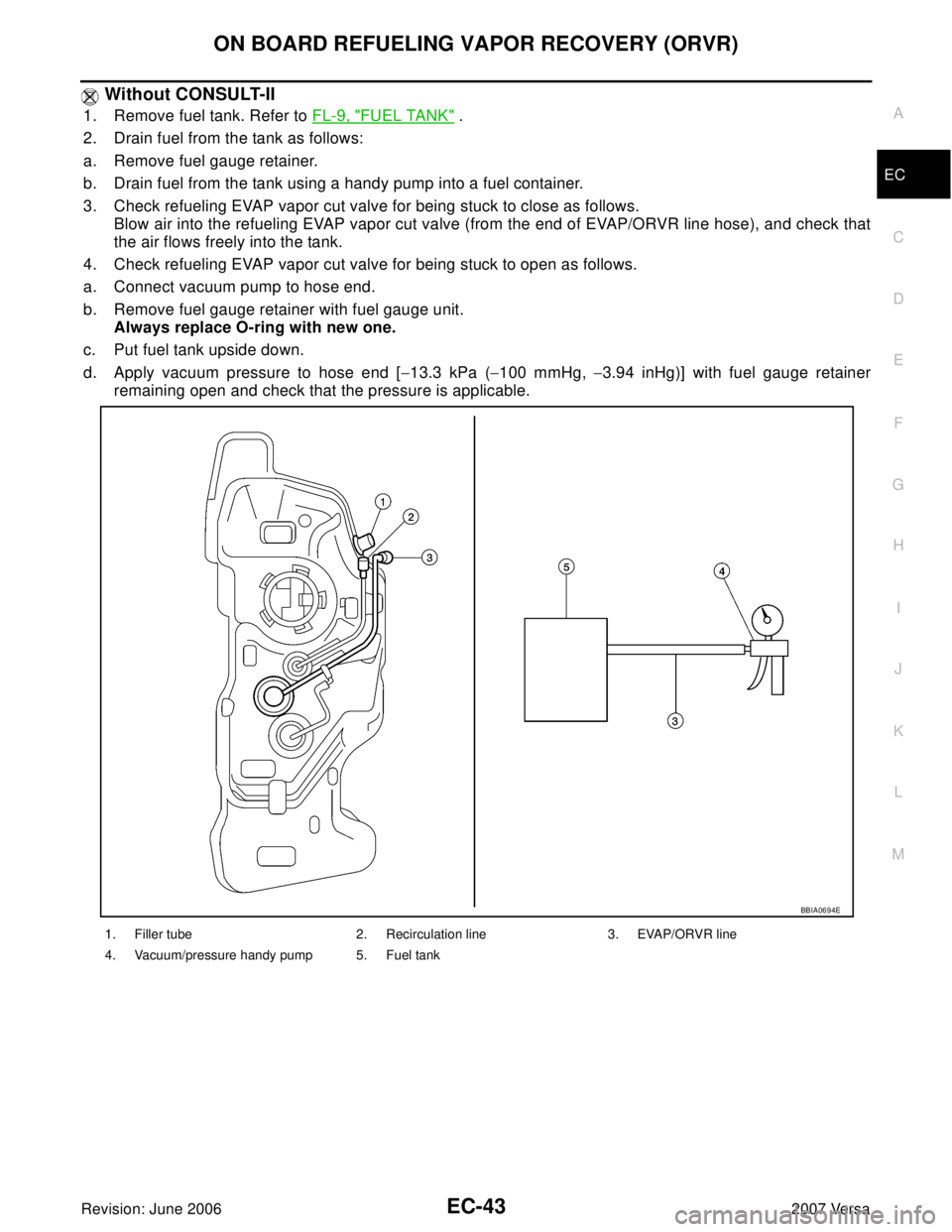 NISSAN LATIO 2007  Service Repair Manual ON BOARD REFUELING VAPOR RECOVERY (ORVR)
EC-43
C
D
E
F
G
H
I
J
K
L
MA
EC
Revision: June 20062007 Versa
 Without CONSULT-II
1. Remove fuel tank. Refer to FL-9, "FUEL TANK" .
2. Drain fuel from the tank