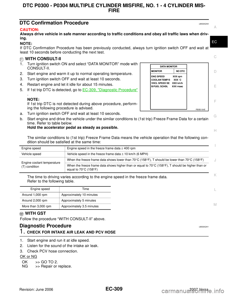 NISSAN LATIO 2007  Service Repair Manual DTC P0300 - P0304 MULTIPLE CYLINDER MISFIRE, NO. 1 - 4 CYLINDER MIS-
FIRE
EC-309
C
D
E
F
G
H
I
J
K
L
MA
EC
Revision: June 20062007 Versa
DTC Confirmation ProcedureUBS00QH0
CAUTION:
Always drive vehicl