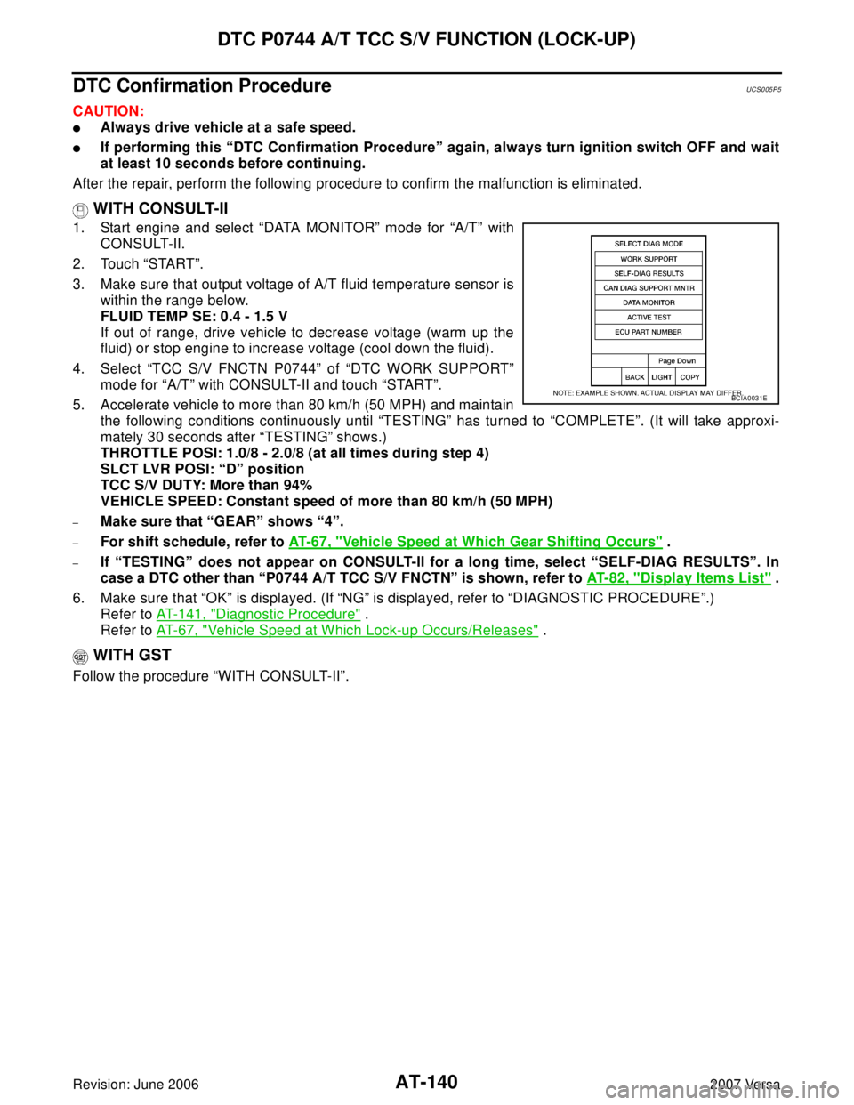NISSAN LATIO 2007 Service Repair Manual AT-140
DTC P0744 A/T TCC S/V FUNCTION (LOCK-UP)
Revision: June 20062007 Versa
DTC Confirmation ProcedureUCS005P5
CAUTION:
Always drive vehicle at a safe speed.
If performing this “DTC Confirmation NISSAN LATIO 2007 Service Repair Manual AT-140
DTC P0744 A/T TCC S/V FUNCTION (LOCK-UP)
Revision: June 20062007 Versa
DTC Confirmation ProcedureUCS005P5
CAUTION:
Always drive vehicle at a safe speed.
If performing this “DTC Confirmation