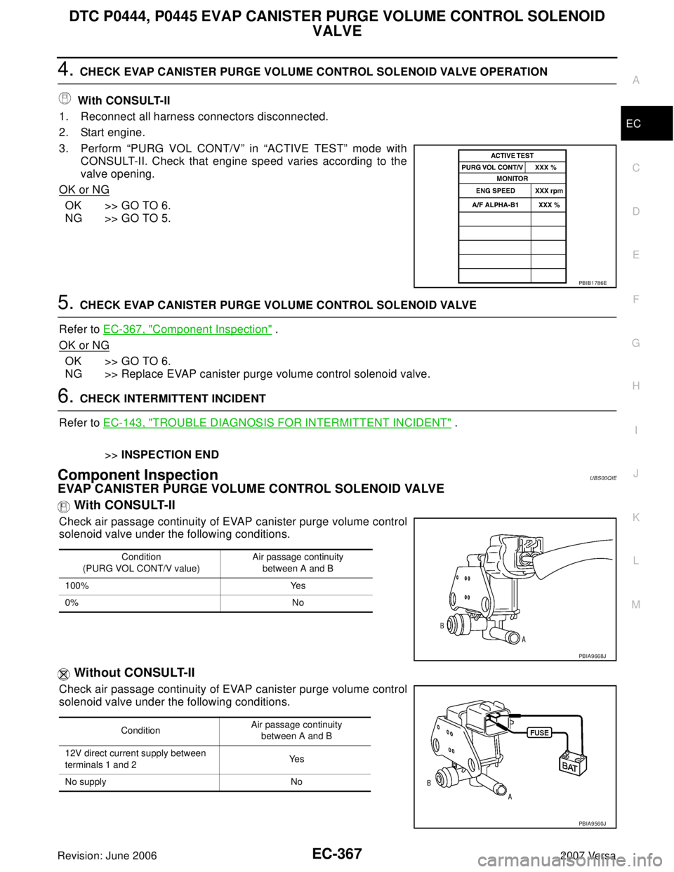 NISSAN LATIO 2007  Service Repair Manual DTC P0444, P0445 EVAP CANISTER PURGE VOLUME CONTROL SOLENOID 
VALVE
EC-367
C
D
E
F
G
H
I
J
K
L
MA
EC
Revision: June 20062007 Versa
4. CHECK EVAP CANISTER PURGE VOLUME CONTROL SOLENOID VALVE OPERATION
