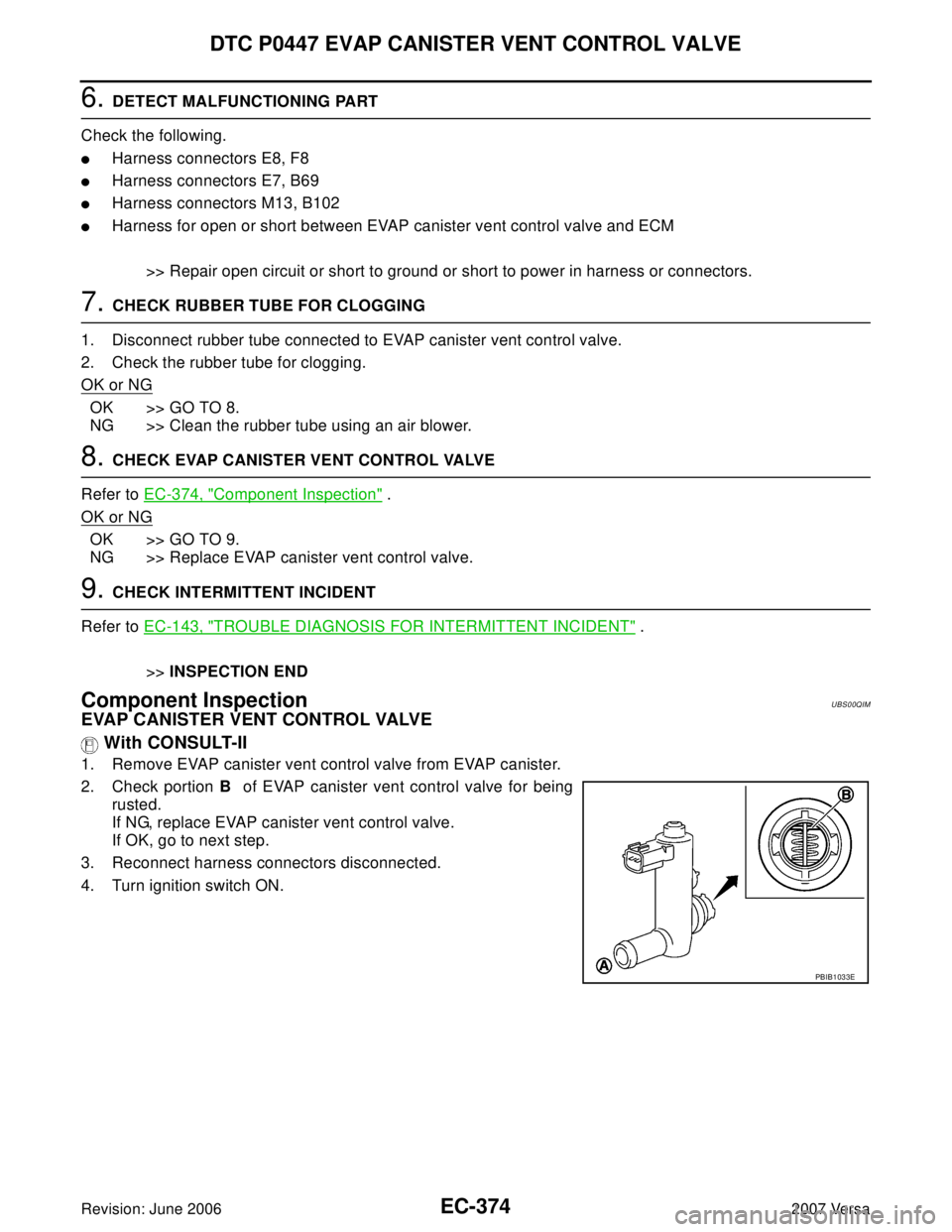 NISSAN LATIO 2007  Service Repair Manual EC-374Revision: June 2006
DTC P0447 EVAP CANISTER VENT CONTROL VALVE
2007 Versa
6. DETECT MALFUNCTIONING PART
Check the following.
Harness connectors E8, F8
Harness connectors E7, B69
Harness conne