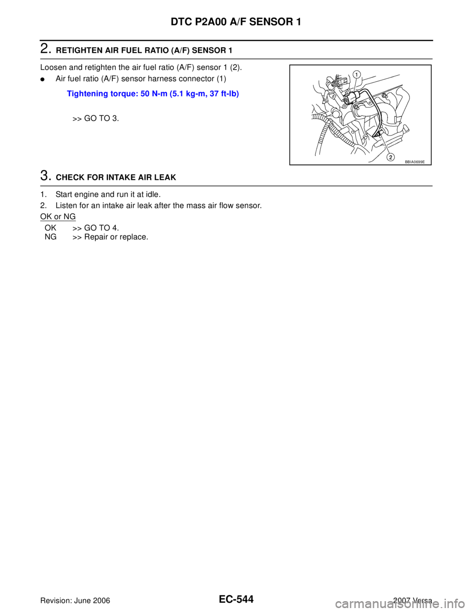 NISSAN LATIO 2007  Service Repair Manual EC-544Revision: June 2006
DTC P2A00 A/F SENSOR 1
2007 Versa
2. RETIGHTEN AIR FUEL RATIO (A/F) SENSOR 1
Loosen and retighten the air fuel ratio (A/F) sensor 1 (2).
Air fuel ratio (A/F) sensor harness 