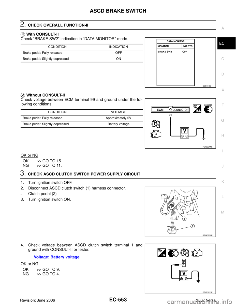 NISSAN LATIO 2007  Service Repair Manual ASCD BRAKE SWITCH
EC-553
C
D
E
F
G
H
I
J
K
L
MA
EC
Revision: June 20062007 Versa
2. CHECK OVERALL FUNCTION-II
 With CONSULT-II
Check “BRAKE SW2” indication in “DATA MONITOR” mode. 
 Without CO